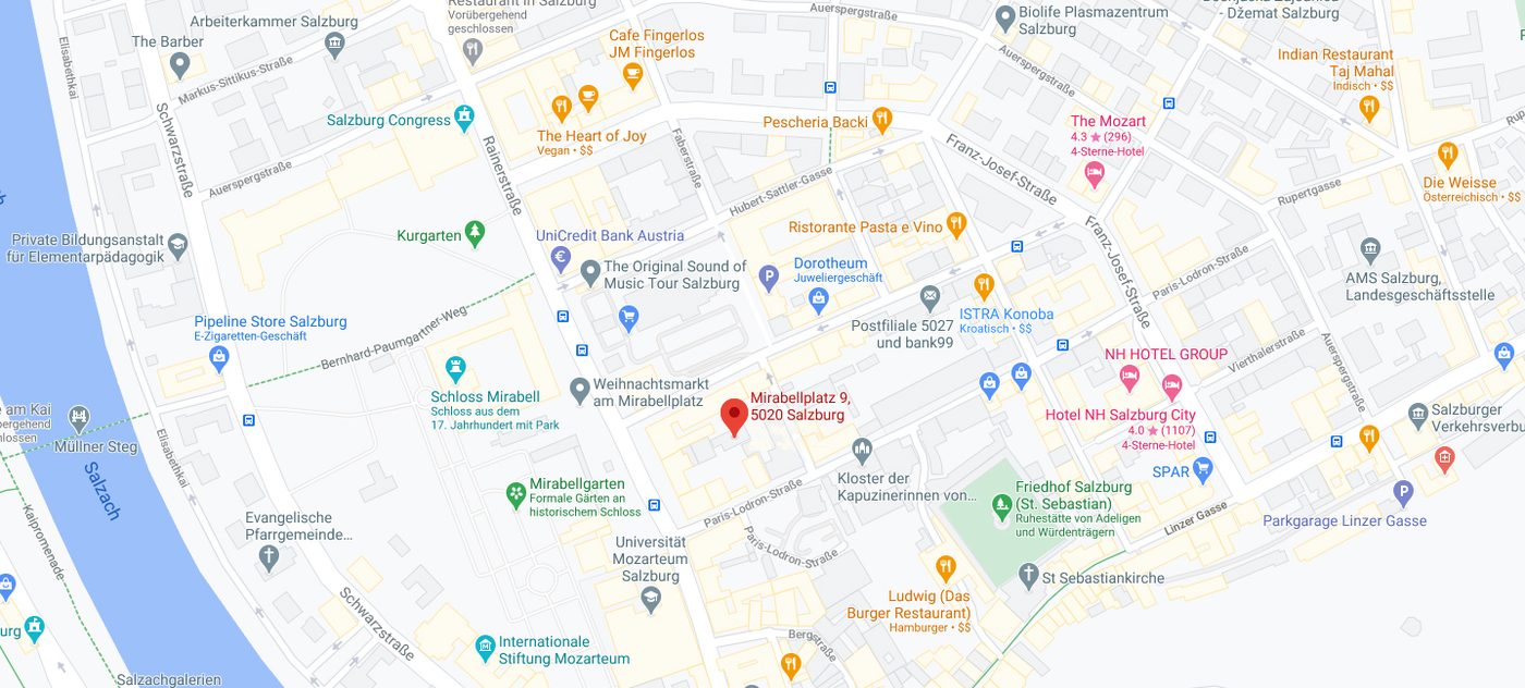 Stadtplanausschnitt von Salzburg mit markierter Praxis am Mirabellplatz 9